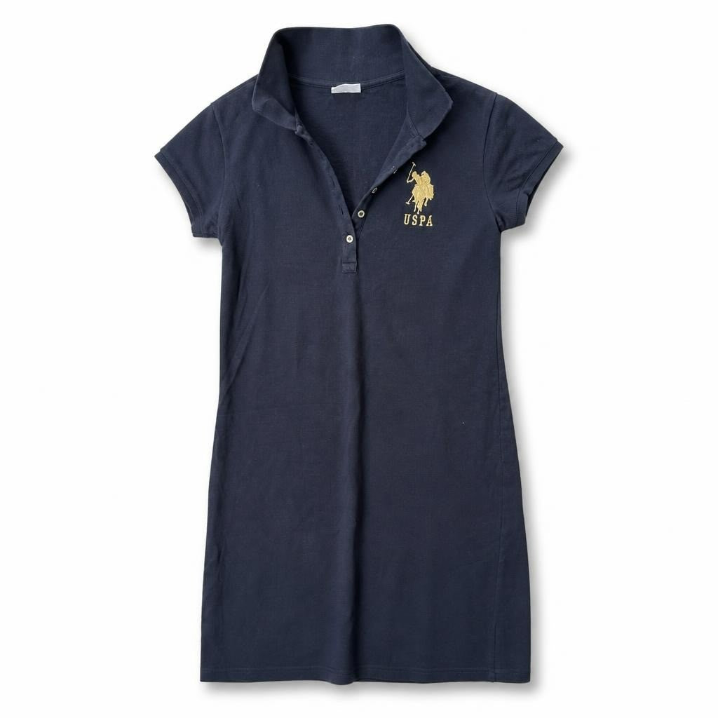 USPA black polo dress, gold logo - white studio shot, second-hand at Why Go Less, Dekwaneh, Lebanon