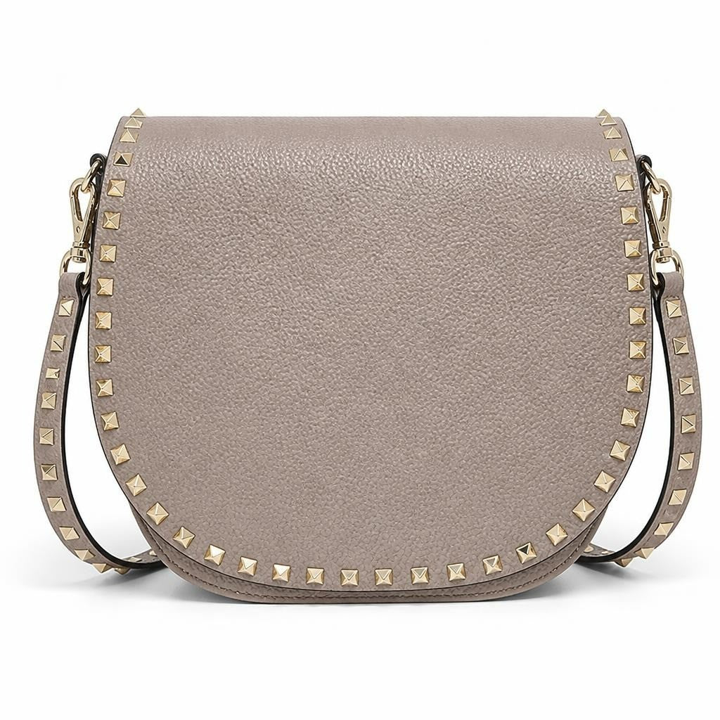 Taupe studded saddle bag, Valentino-style - white studio shot, second-hand at Why Go Less, Dekwaneh, Lebanon