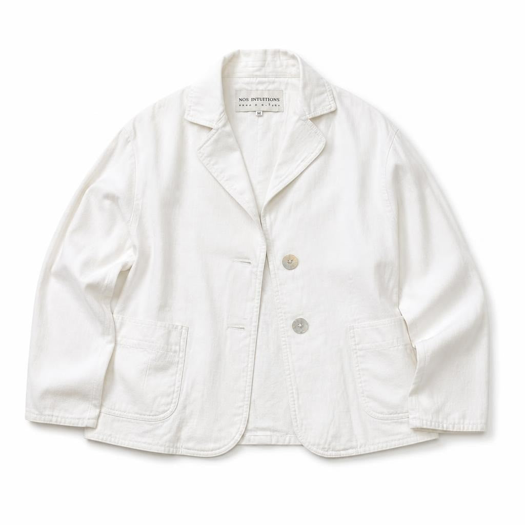 Nos Intuitions white denim blazer jacket, size 38 - white studio shot, second-hand at Why Go Less, Dekwaneh, Lebanon