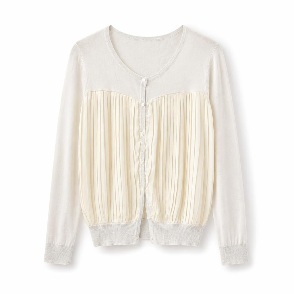 Yves Bellouin cream pleated front cardigan - white studio shot, second-hand at Why Go Less, Dekwaneh, Lebanon