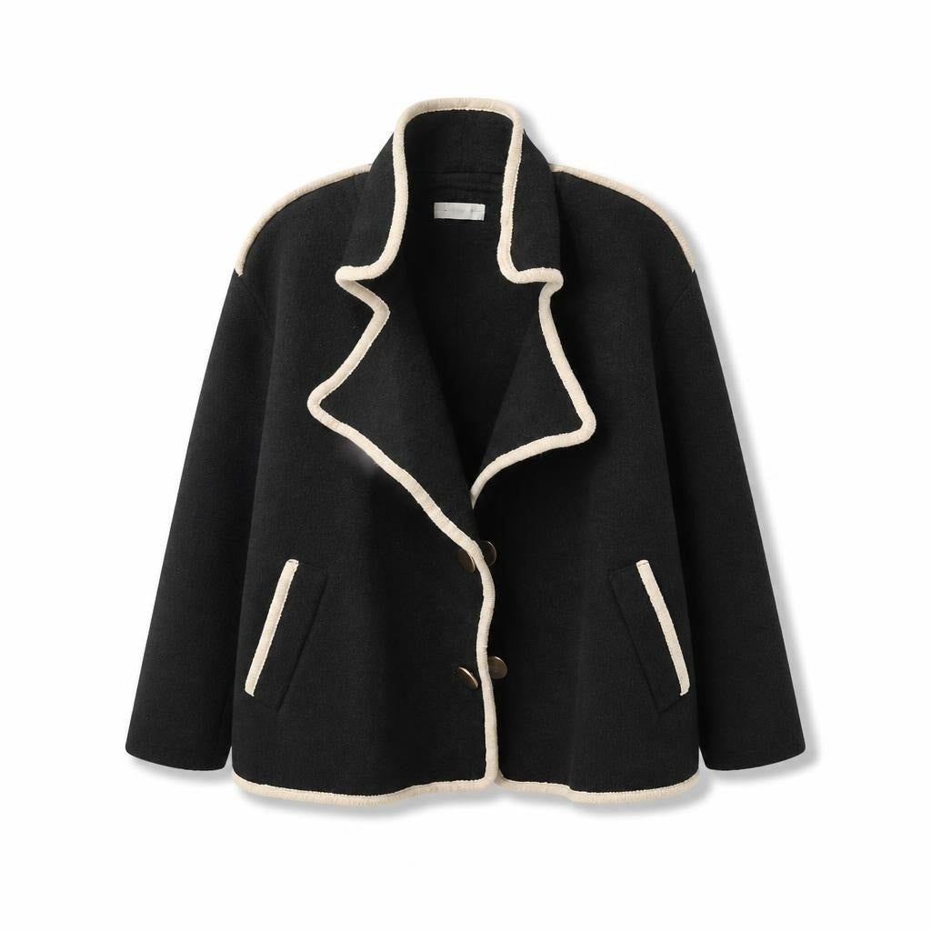Black wool-blend jacket cream trim double button - white studio shot, second-hand at Why Go Less, Dekwaneh, Lebanon