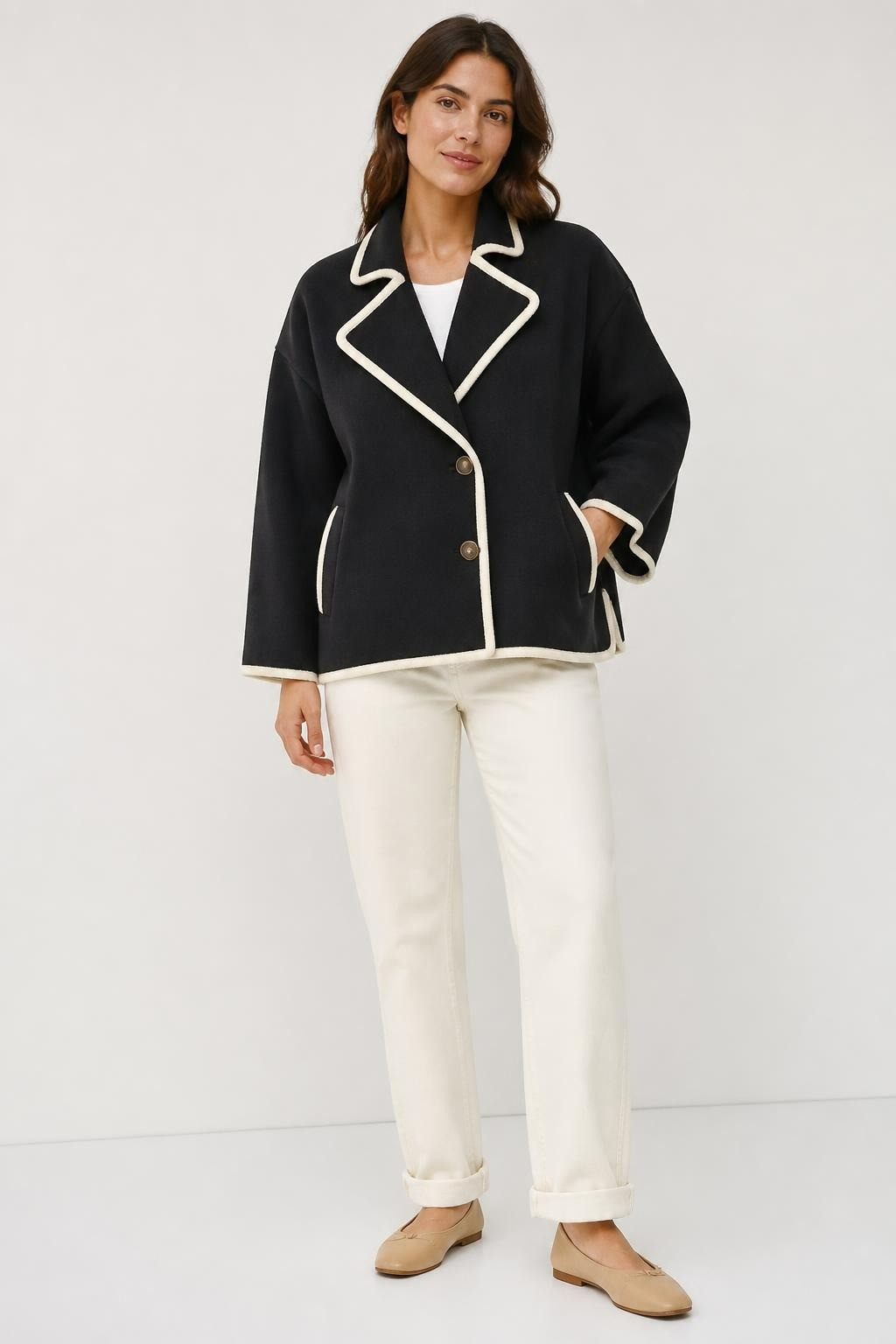 Black Wool-Blend Double-Button Jacket with Cream Trim | Pre-Loved | Why Go Less