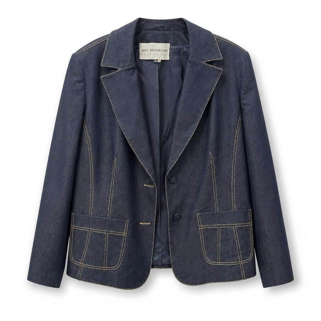 Nos Intuitions dark denim blazer contrast stitching - white studio shot, second-hand at Why Go Less, Dekwaneh, Lebanon