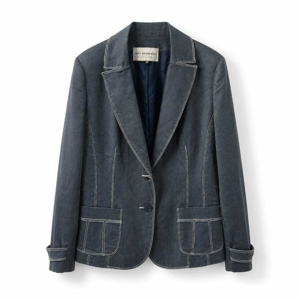 Nos Intuitions grey denim blazer contrast stitching - white studio shot, second-hand at Why Go Less, Dekwaneh, Lebanon