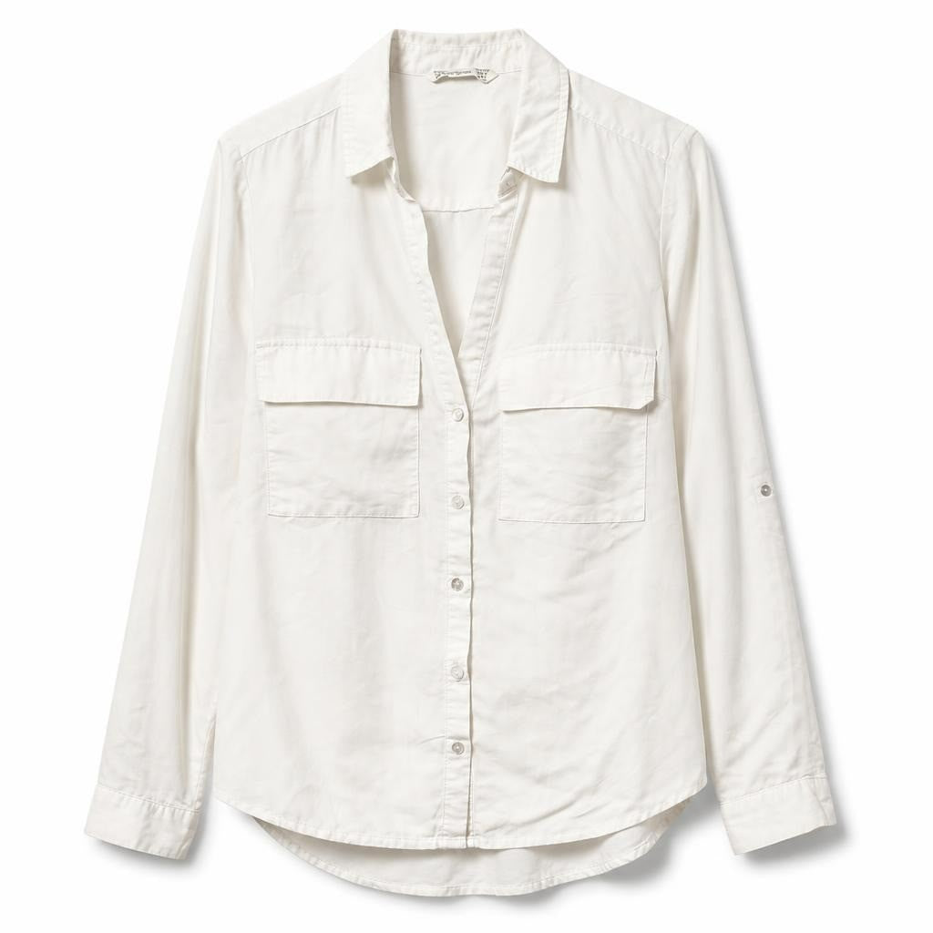 White button-up shirt with chest pockets, long sleeve - white studio shot, second-hand at Why Go Less, Dekwaneh, Lebanon