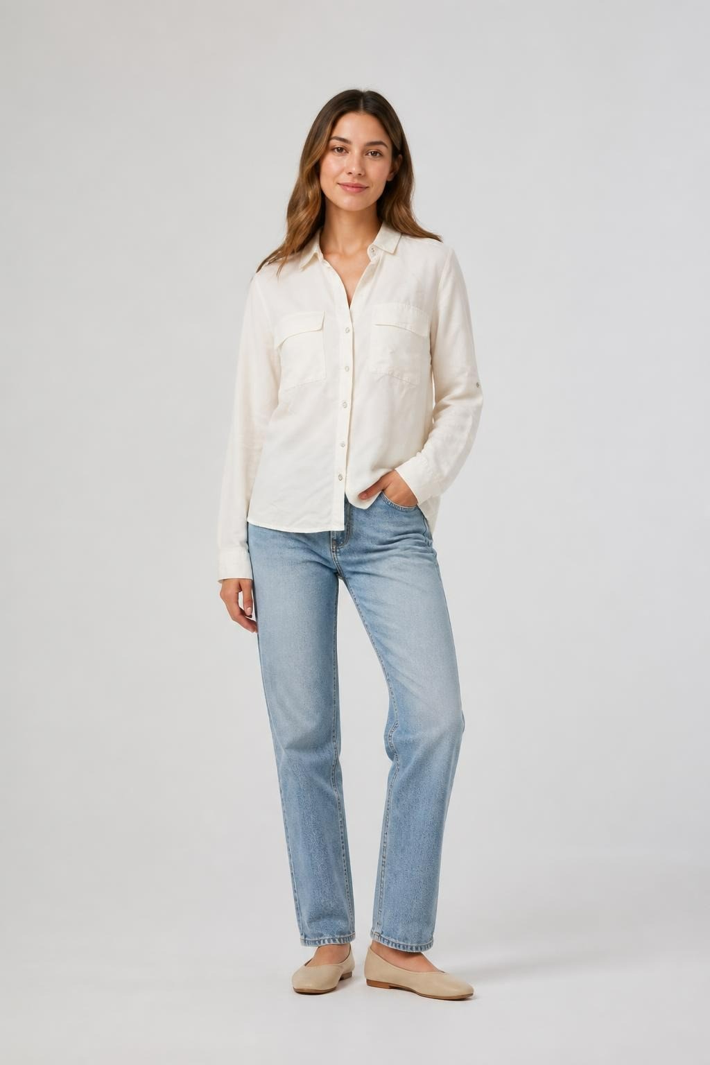 White Long-Sleeve Button-Up Shirt with Chest Pockets | Pre-Loved | Why Go Less