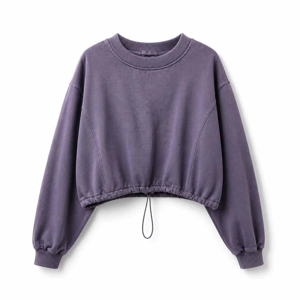 Purple cropped sweatshirt with drawstring hem - white studio shot, second-hand at Why Go Less, Dekwaneh, Lebanon