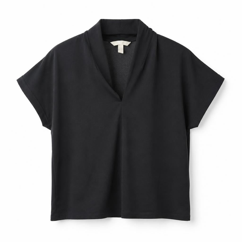 Black cowl neck short sleeve top with shimmer lining - white studio shot, second-hand at Why Go Less, Dekwaneh, Lebanon