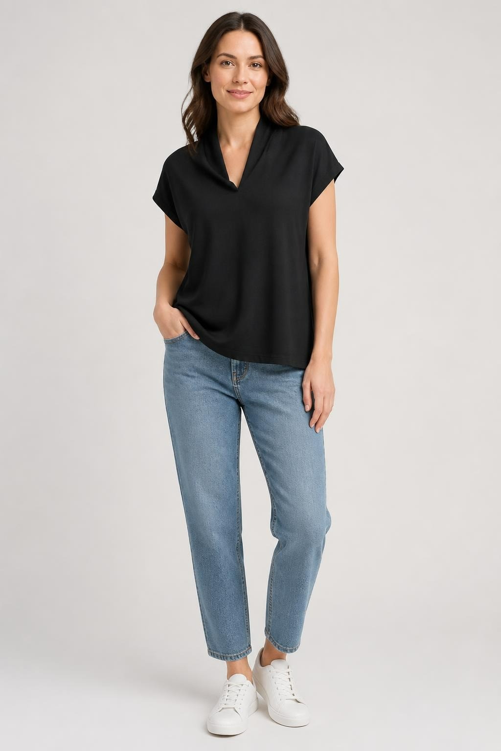 Black Cowl Neck Short Sleeve Top With Shimmer Lining | Pre-Loved | Why Go Less