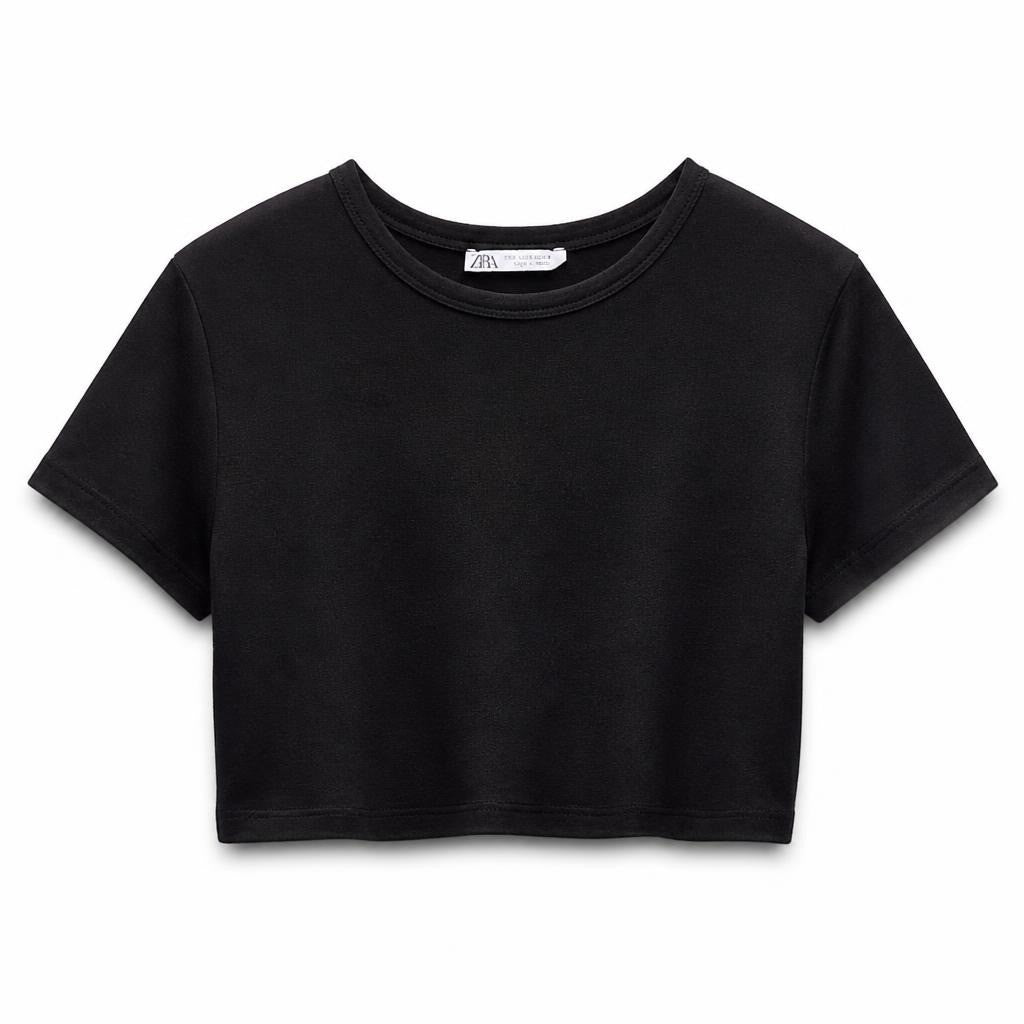Zara black cropped short sleeve T-shirt - white studio shot, second-hand at Why Go Less, Dekwaneh, Lebanon