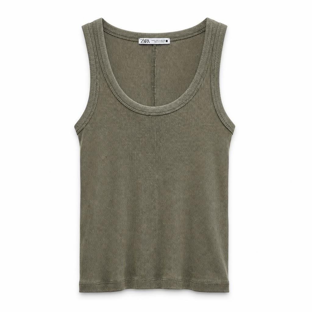 Zara olive green ribbed sleeveless tank top - white studio shot, second-hand at Why Go Less, Dekwaneh, Lebanon