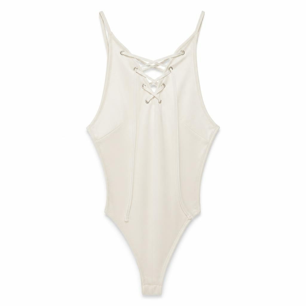 White lace-up bodysuit, cream/off-white, size unknown - white studio shot, second-hand at Why Go Less, Dekwaneh, Lebanon