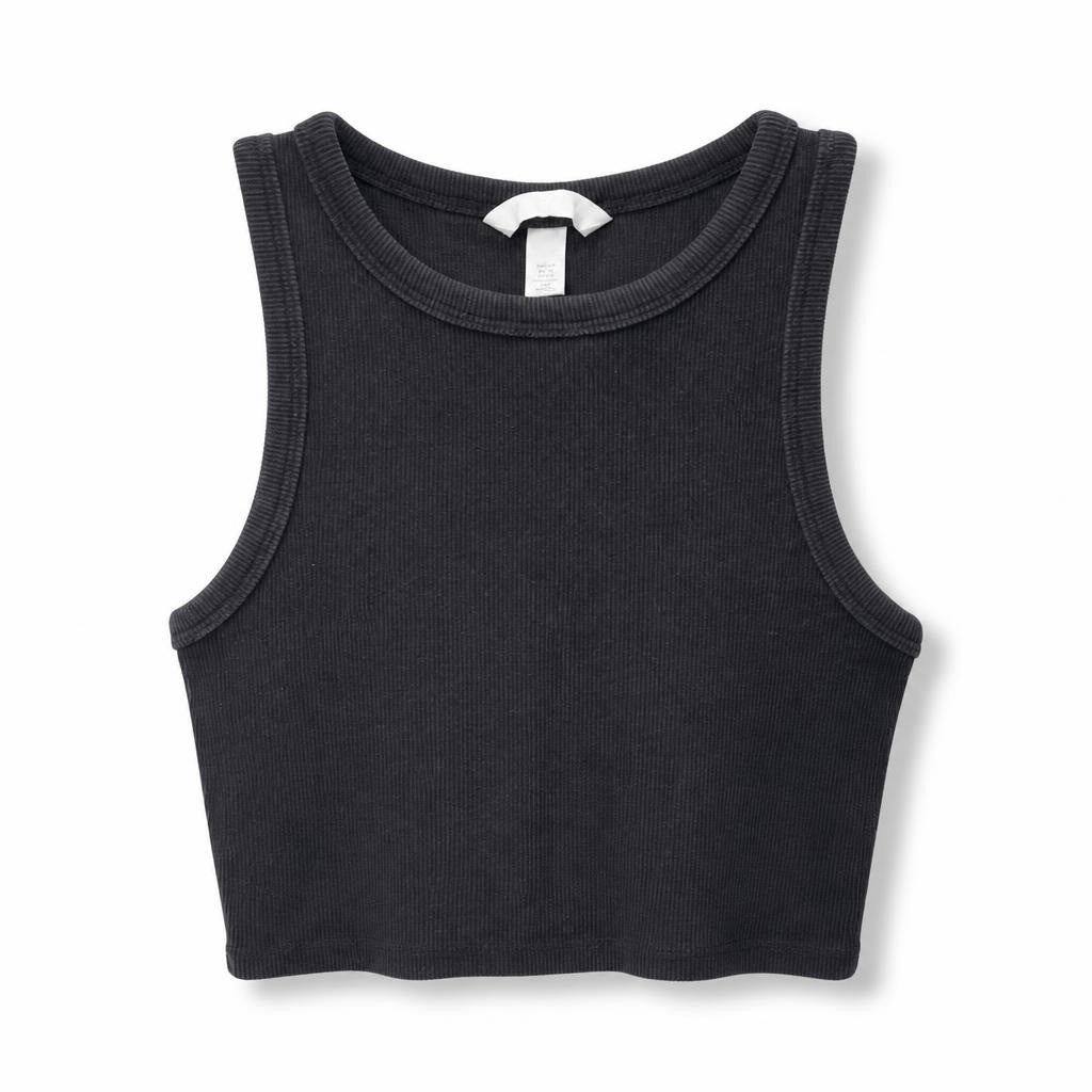 Black ribbed crop tank top, H&M, small - white studio shot, second-hand at Why Go Less, Dekwaneh, Lebanon