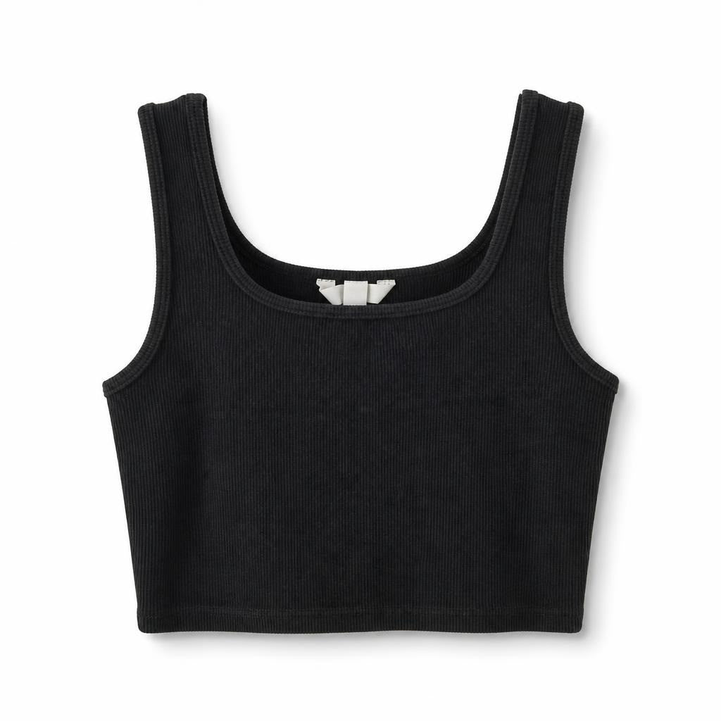 Black ribbed square-neck crop tank, size unknown - white studio shot, second-hand at Why Go Less, Dekwaneh, Lebanon