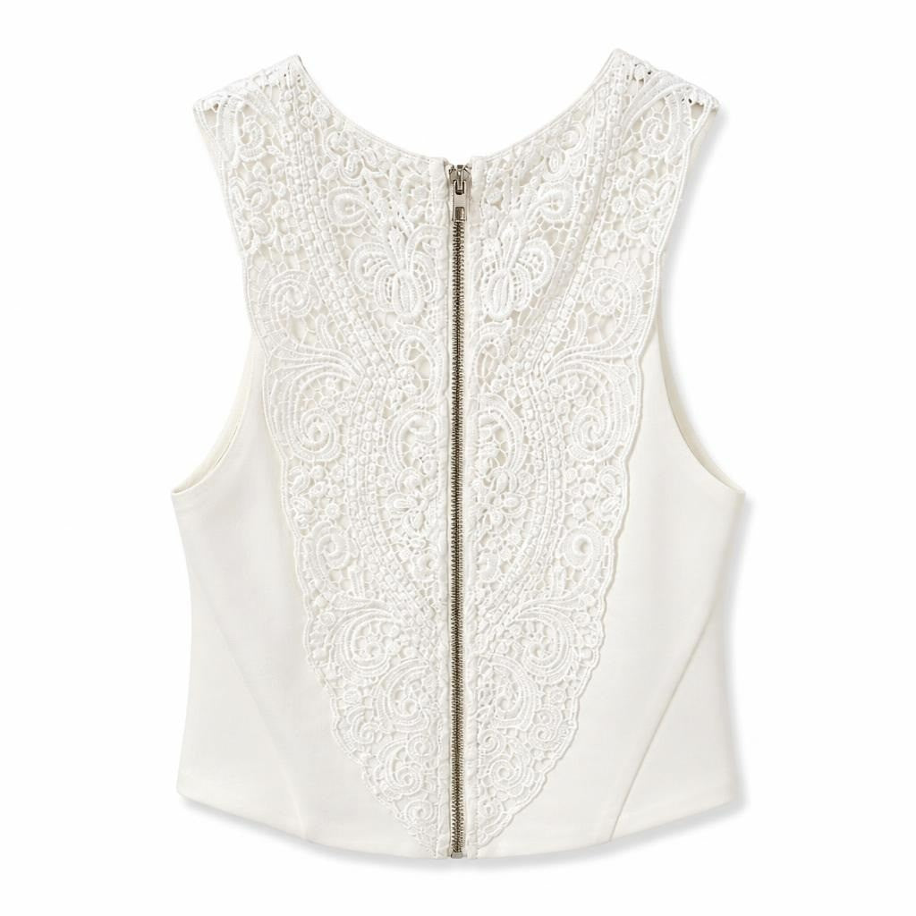 White lace zip-back crop top, off-white, size unknown - white studio shot, second-hand at Why Go Less, Dekwaneh, Lebanon