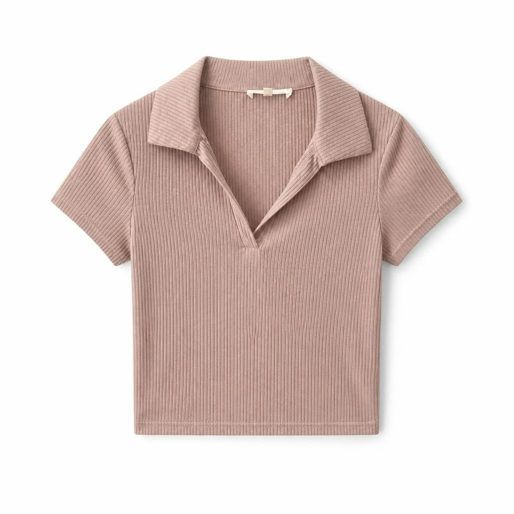 Ribbed pink polo collar crop top, short sleeve - white studio shot, second-hand at Why Go Less, Dekwaneh, Lebanon