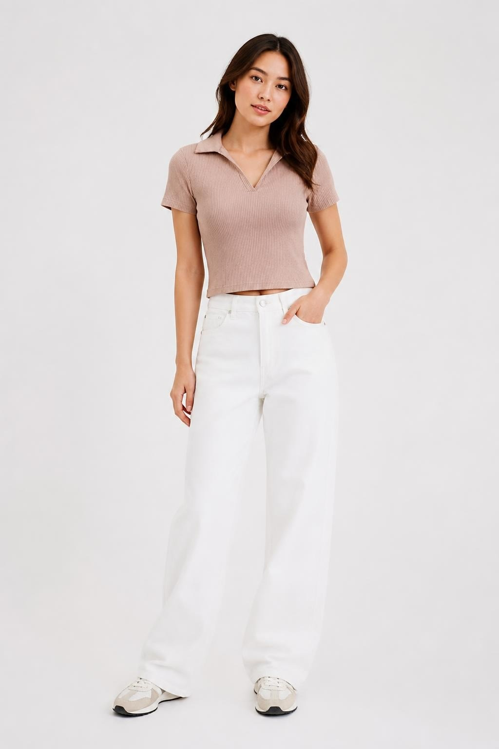 Ribbed Pink Polo Collar Crop Top, Short Sleeve | Pre-Loved | Why Go Less