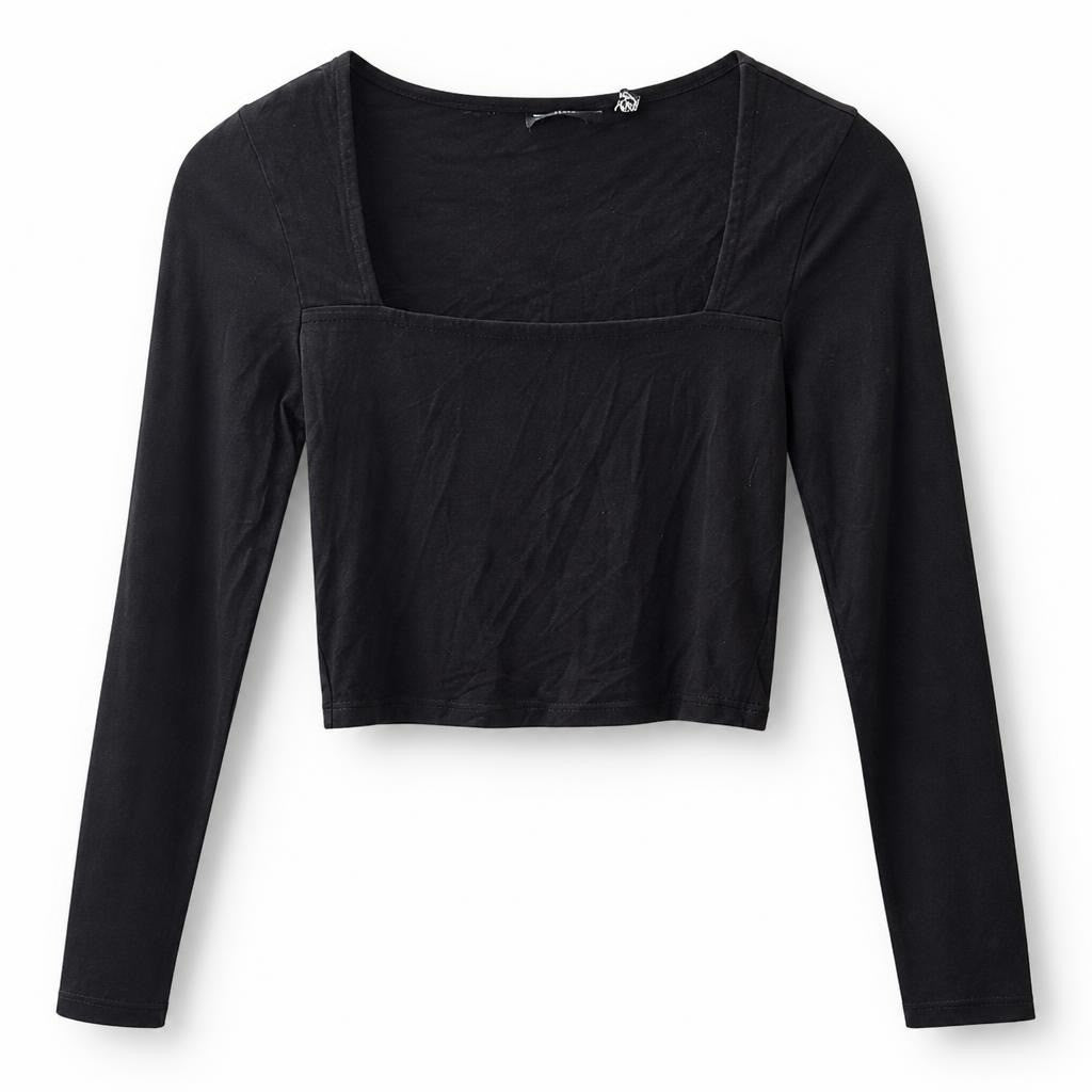 Black square-neck long sleeve crop top - white studio shot, second-hand at Why Go Less, Dekwaneh, Lebanon