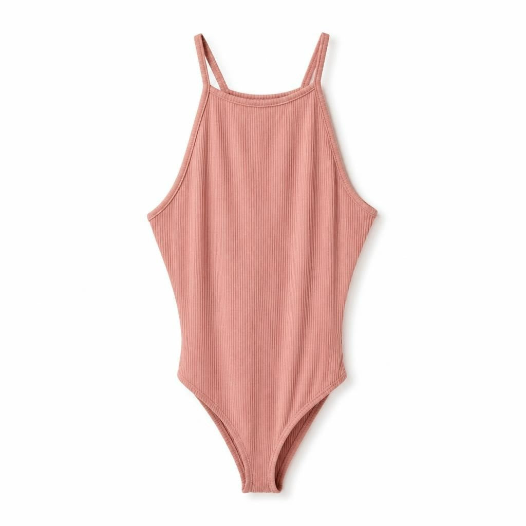Pink ribbed halter bodysuit, spaghetti straps - white studio shot, second-hand at Why Go Less, Dekwaneh, Lebanon