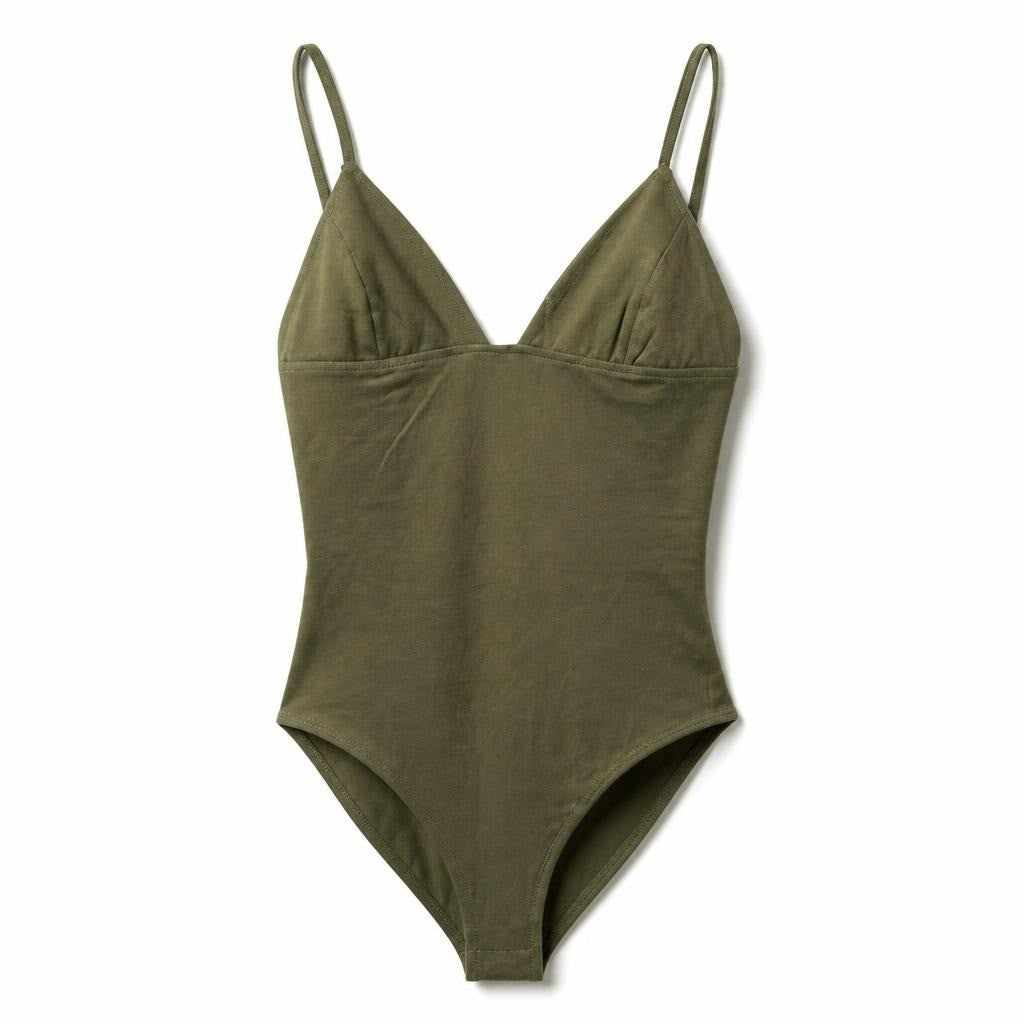 Olive green V-neck cami bodysuit - white studio shot, second-hand at Why Go Less, Dekwaneh, Lebanon