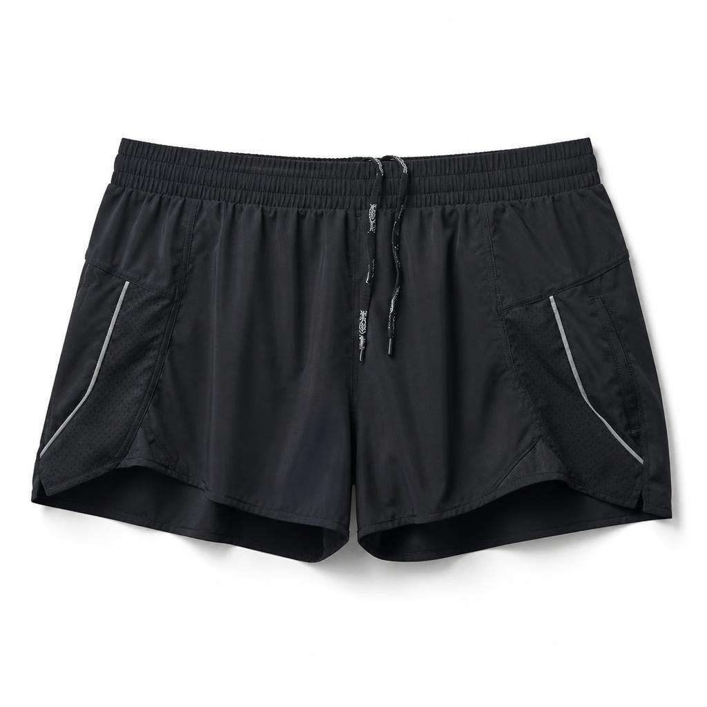 Black running shorts with mesh pockets, drawstring - white studio shot, second-hand at Why Go Less, Dekwaneh, Lebanon