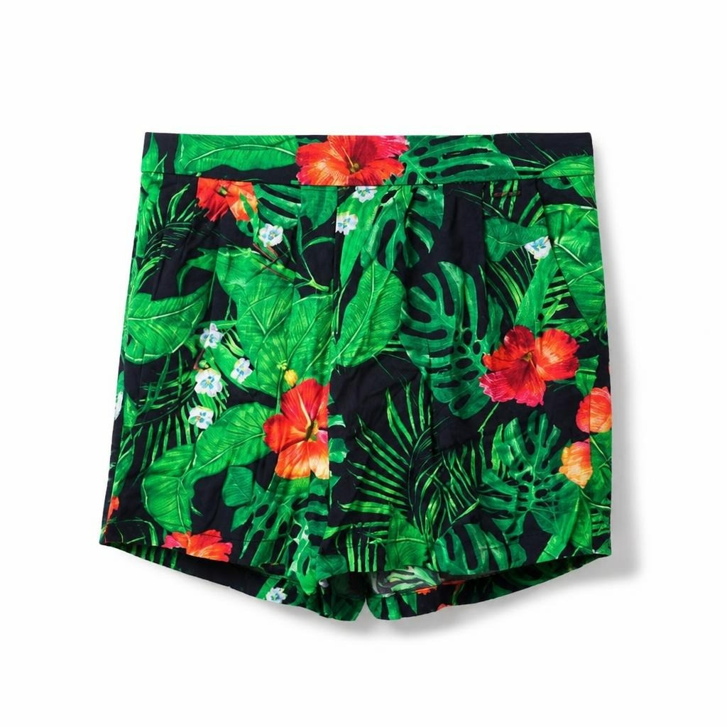 Tropical floral print swim shorts, dark base - white studio shot, second-hand at Why Go Less, Dekwaneh, Lebanon