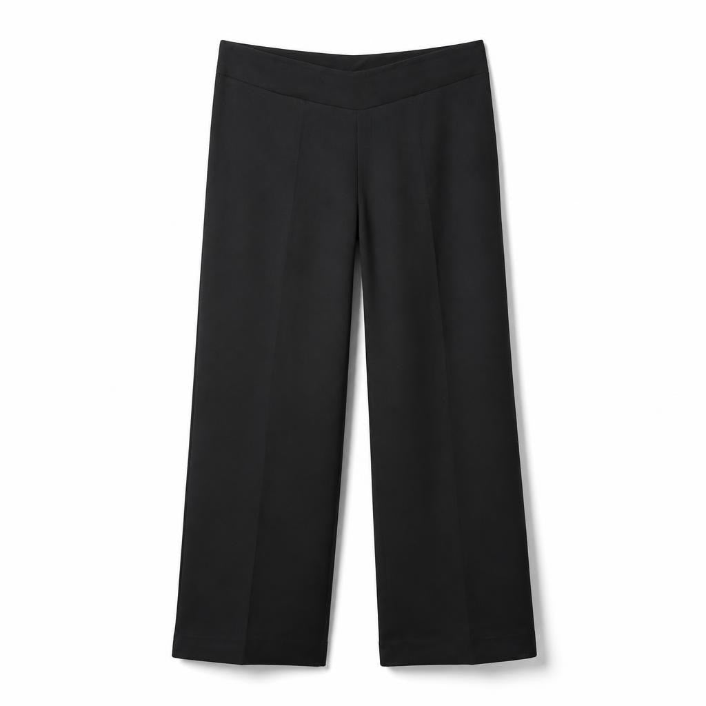 Black wide-leg pull-on trousers, elastic waist - white studio shot, second-hand at Why Go Less, Dekwaneh, Lebanon