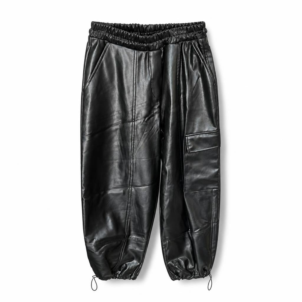 Black faux leather cargo jogger pants - white studio shot, second-hand at Why Go Less, Dekwaneh, Lebanon
