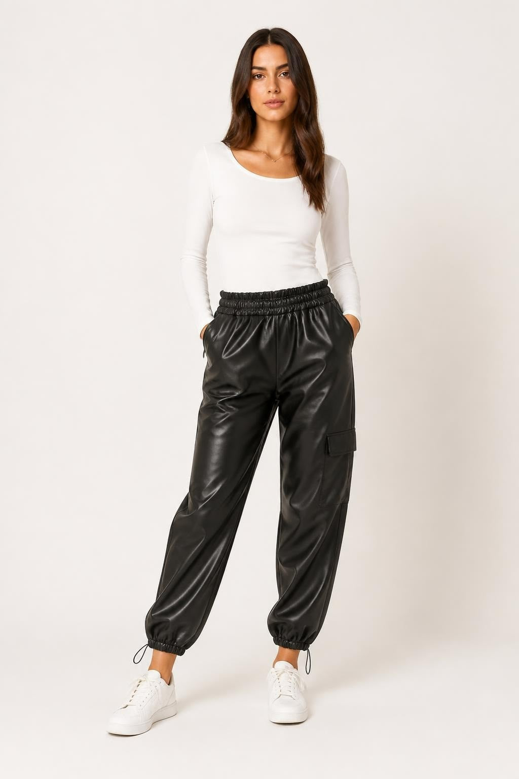 Black Faux Leather Cargo Jogger Pants | Pre-Loved | Why Go Less