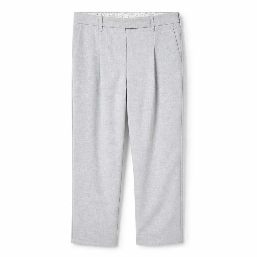 Light grey tailored straight-leg trousers - white studio shot, second-hand at Why Go Less, Dekwaneh, Lebanon