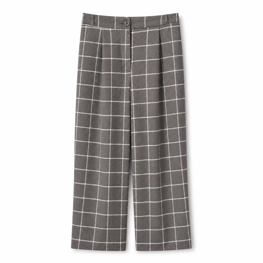 Brown windowpane check wide-leg trousers - white studio shot, second-hand at Why Go Less, Dekwaneh, Lebanon