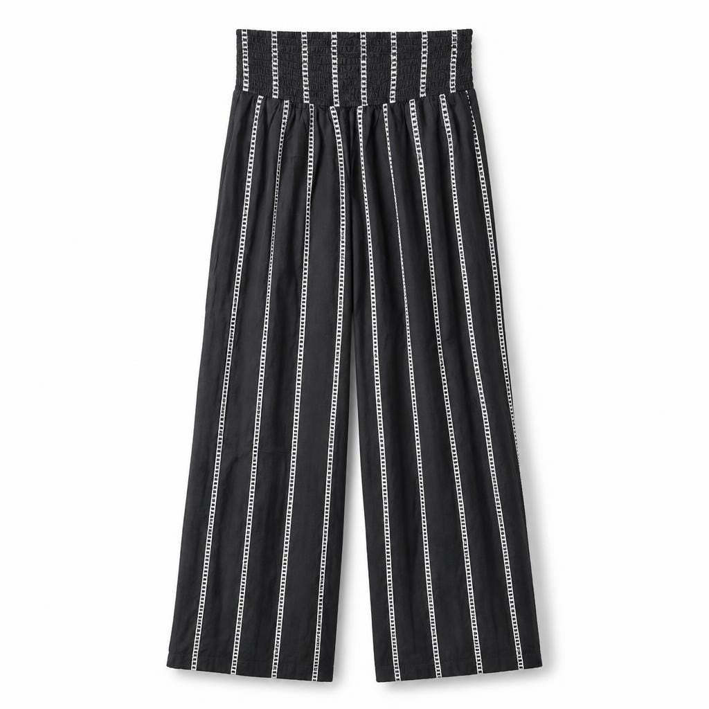 Black white stripe smocked waist wide pants - white studio shot, second-hand at Why Go Less, Dekwaneh, Lebanon