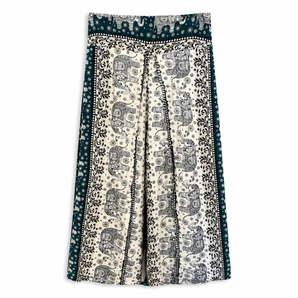 Boho elephant print wide-leg pants cream teal - white studio shot, second-hand at Why Go Less, Dekwaneh, Lebanon
