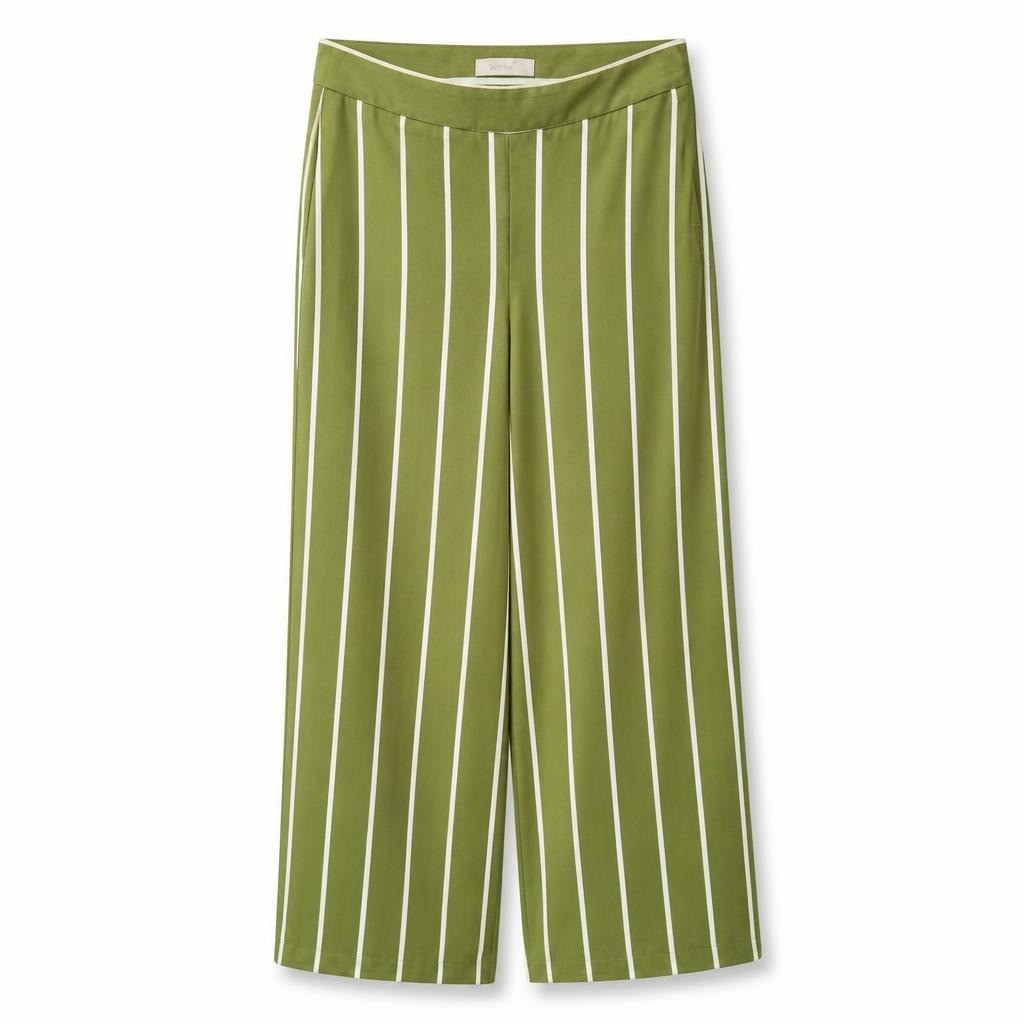 Per Una olive green striped wide-leg trousers - white studio shot, second-hand at Why Go Less, Dekwaneh, Lebanon