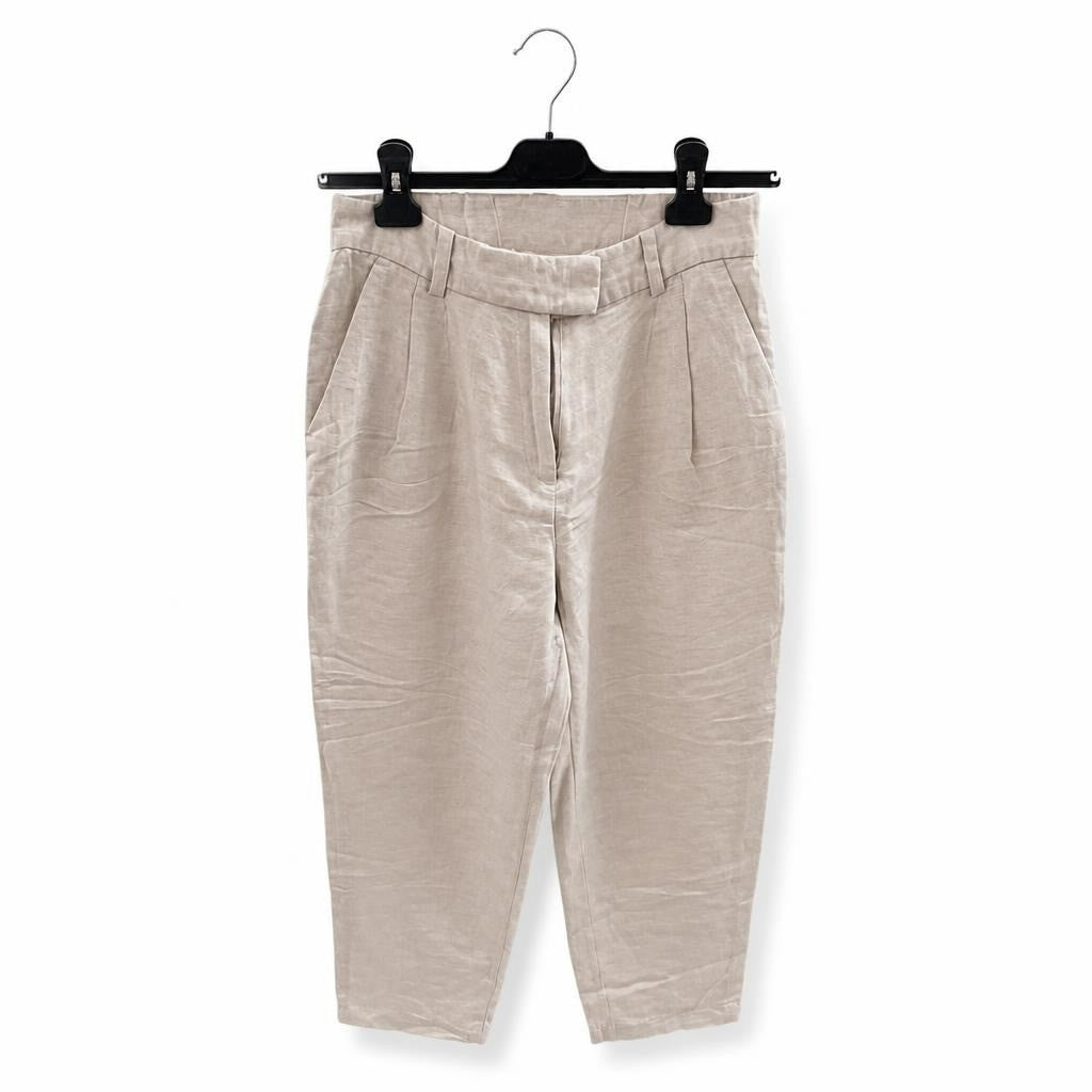 Beige linen wide-leg cropped trousers, unbranded - white studio shot, second-hand at Why Go Less, Dekwaneh, Lebanon