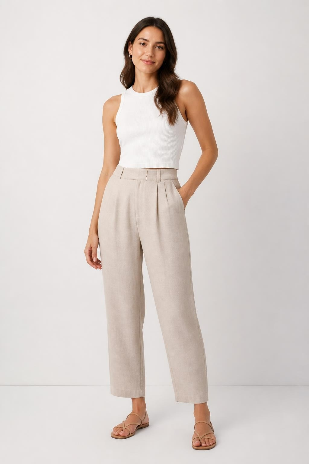 Beige Linen Wide-leg Cropped Trousers, Unbranded | Pre-Loved | Why Go Less