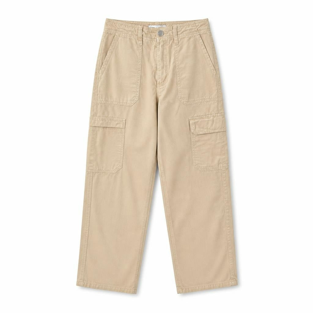 Zara khaki cargo pants, utility style - white studio shot, second-hand at Why Go Less, Dekwaneh, Lebanon