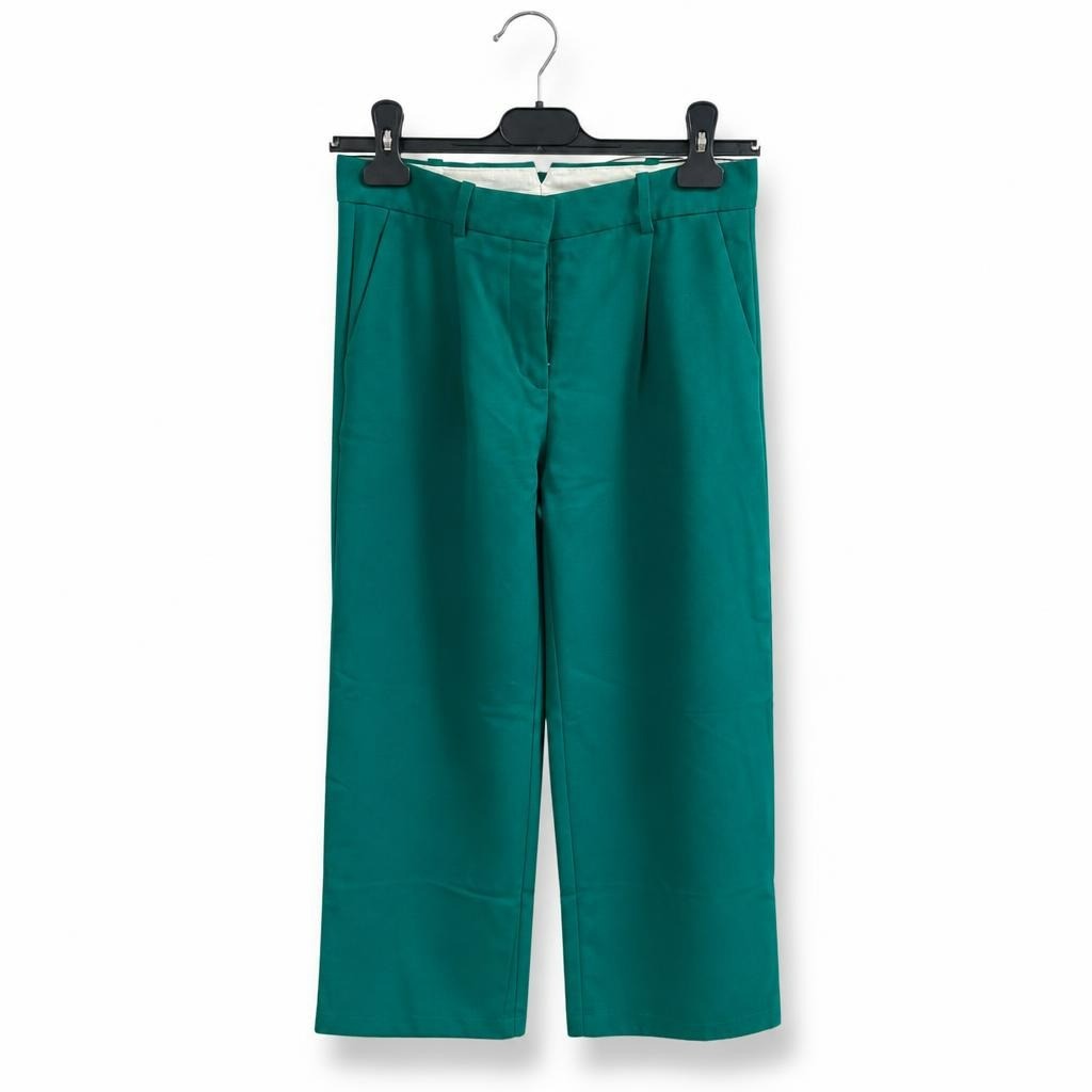 Emerald green wide-leg tailored trousers, unbranded - white studio shot, second-hand at Why Go Less, Dekwaneh, Lebanon