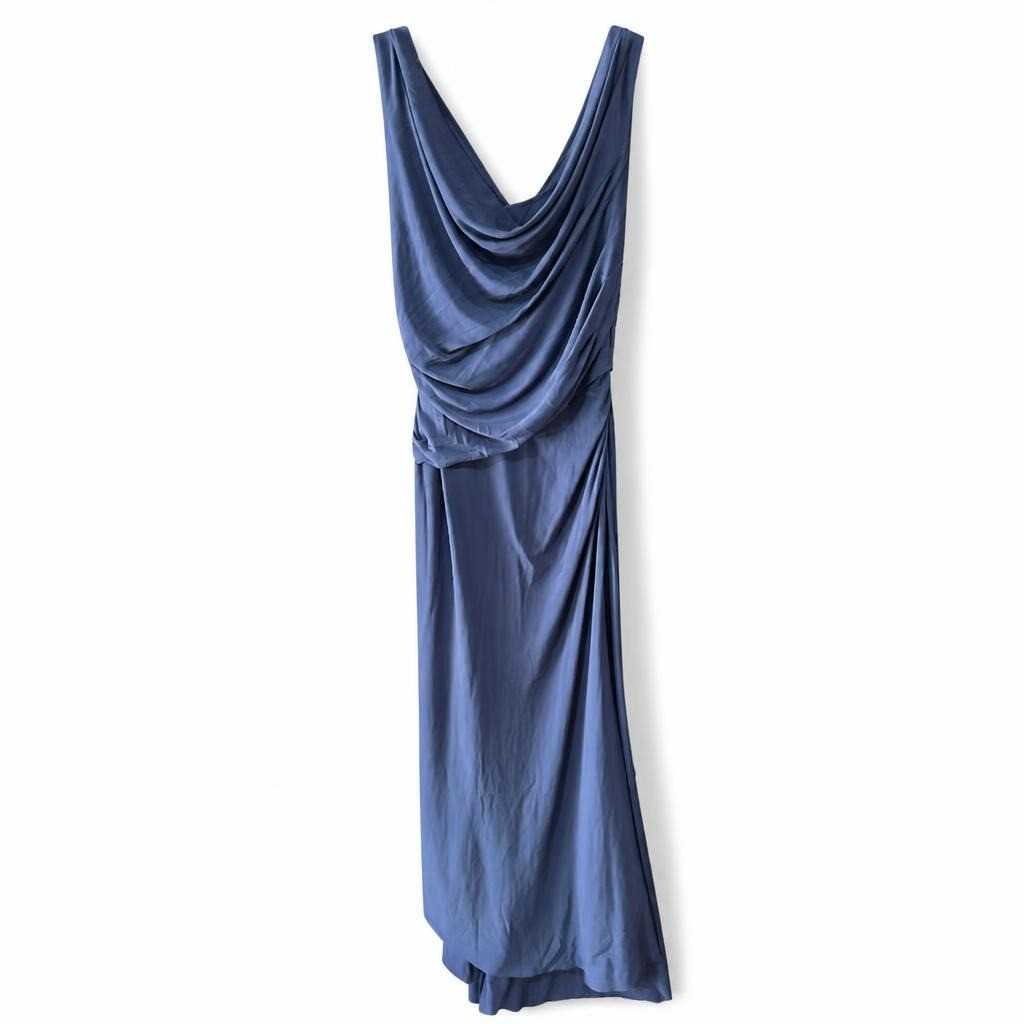 Blue draped sleeveless maxi dress, no brand visible - white studio shot, second-hand at Why Go Less, Dekwaneh, Lebanon