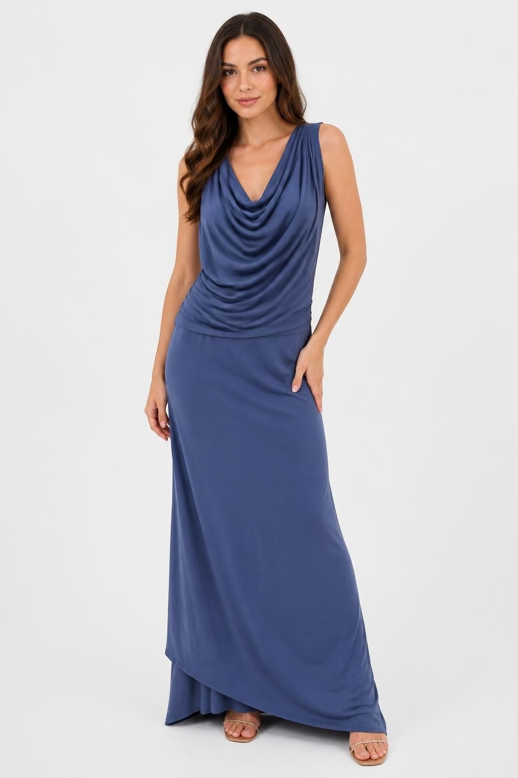 Blue Draped Sleeveless Maxi Dress, No Brand Visible | Pre-Loved | Why Go Less