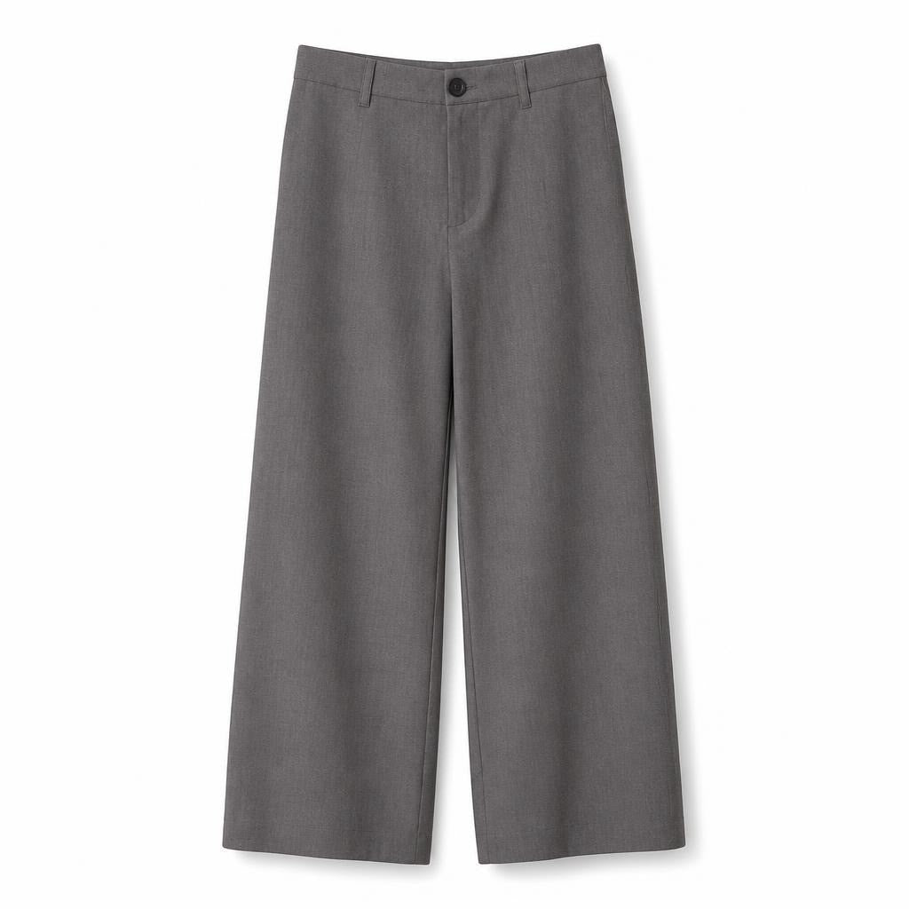 Bershka grey wide-leg tailored trousers - white studio shot, second-hand at Why Go Less, Dekwaneh, Lebanon