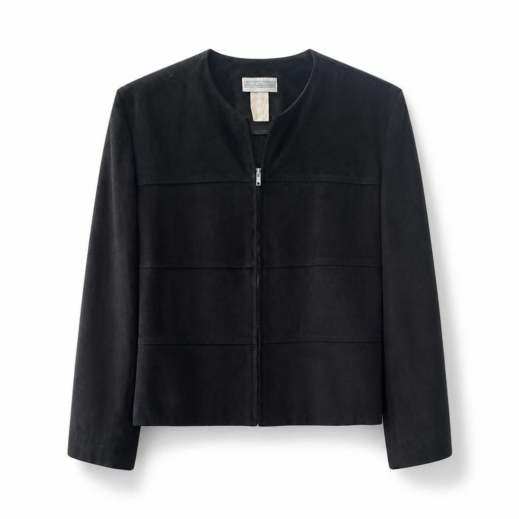 Jessica Howard black zip-up collarless jacket - white studio shot, second-hand at Why Go Less, Dekwaneh, Lebanon