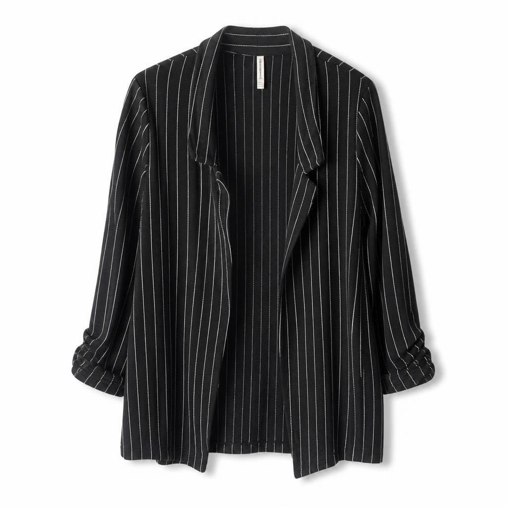 Black white pinstripe open-front blazer/kimono - white studio shot, second-hand at Why Go Less, Dekwaneh, Lebanon