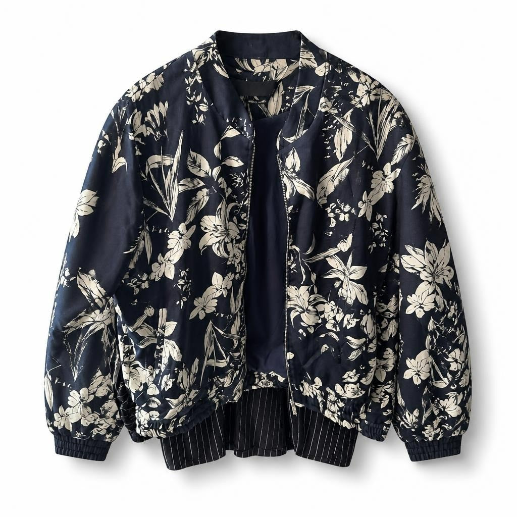Reserved floral bomber jacket, navy/white, unisex - white studio shot, second-hand at Why Go Less, Dekwaneh, Lebanon