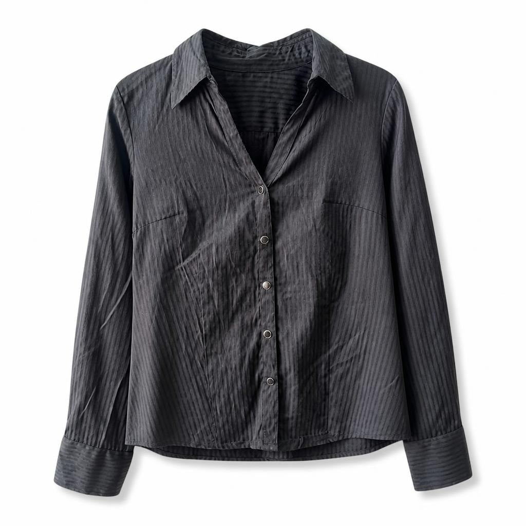 Mono Chromatic black satin striped shirt, size S - white studio shot, second-hand at Why Go Less, Dekwaneh, Lebanon