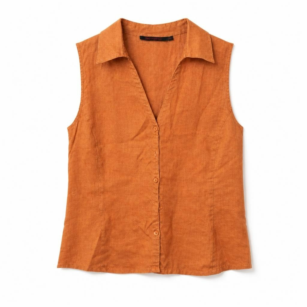 Andamio orange sleeveless linen shirt, women's - white studio shot, second-hand at Why Go Less, Dekwaneh, Lebanon