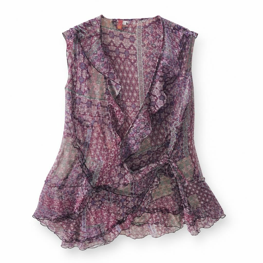 Purple boho printed sheer wrap blouse, women's - white studio shot, second-hand at Why Go Less, Dekwaneh, Lebanon