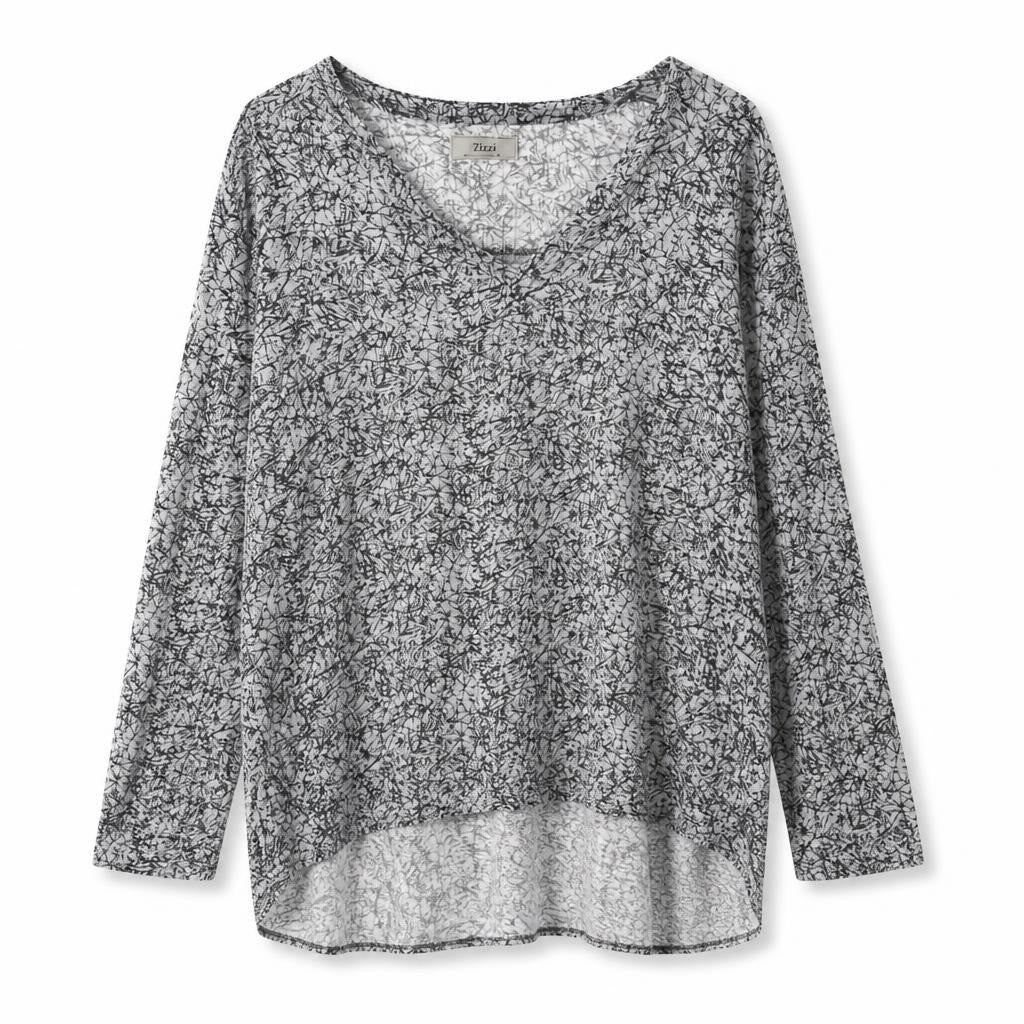Zizzi long-sleeve white black abstract print top - white studio shot, second-hand at Why Go Less, Dekwaneh, Lebanon