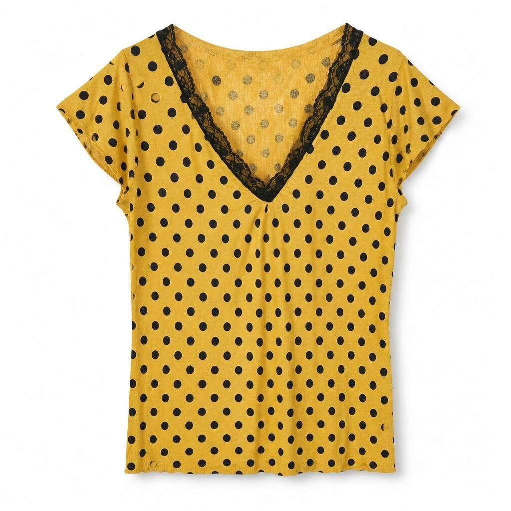 Zelio yellow polka dot lace V-neck top L - white studio shot, second-hand at Why Go Less, Dekwaneh, Lebanon