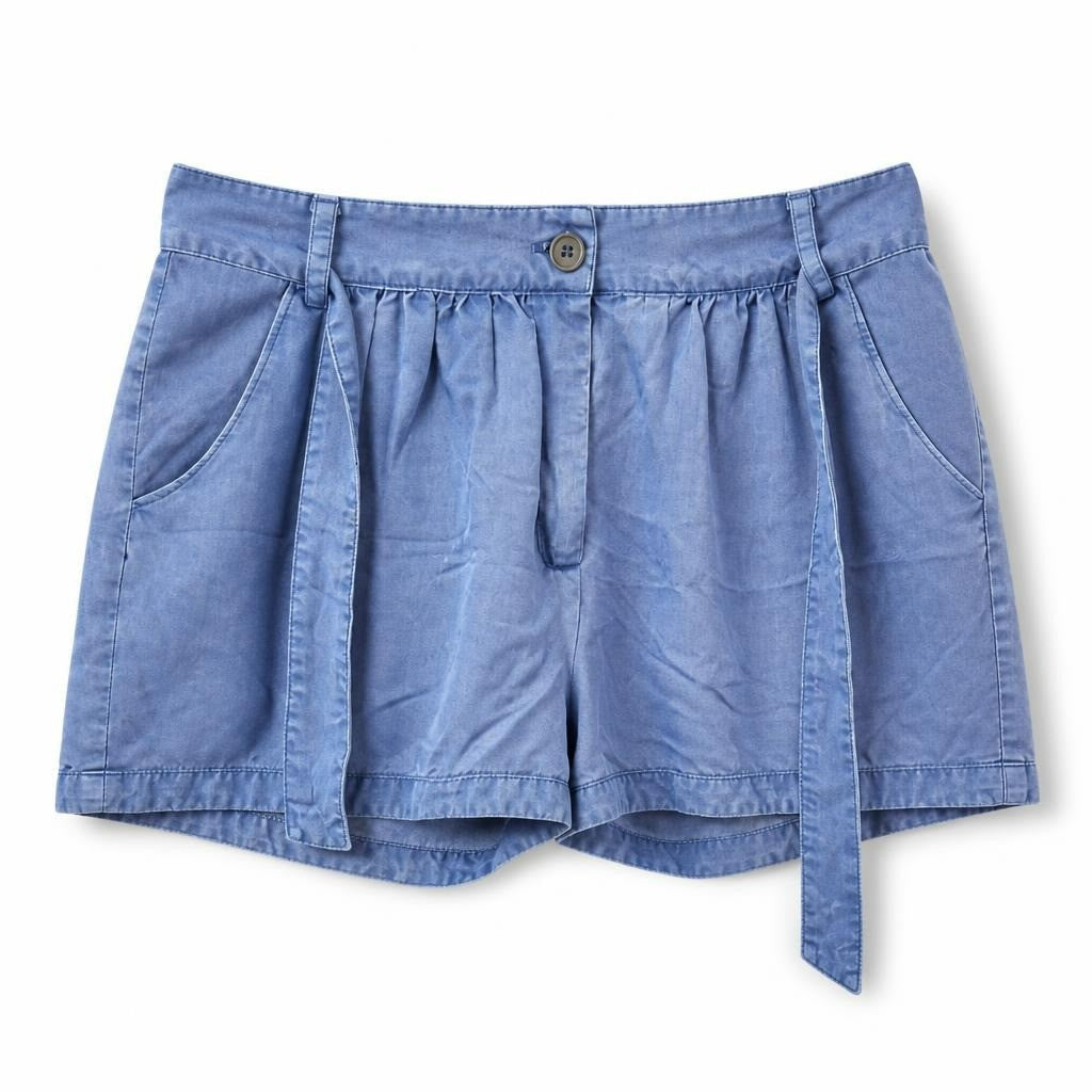 Blue chambray pleated shorts with belt tie - white studio shot, second-hand at Why Go Less, Dekwaneh, Lebanon